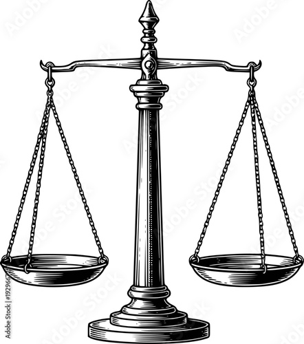 Vintage Engraved Justice Scales Symbol of Law and Balance White Background weighing
