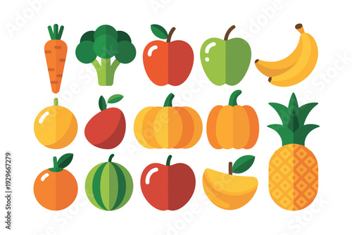 Colorful illustration of various fruits and vegetables on white background