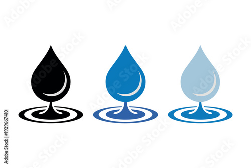Colorful Water Drop Logos in Black, Blue, and Light Blue on White Background