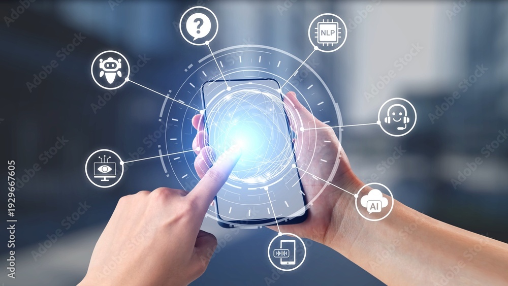 Fototapeta premium AI Virtual Assistant Artificial Intelligence Chatbot Controlled by Prompt Engineering for Explainable Generative AI information and LLM Deep Learning Technology for Smart Business Work Support. Spire