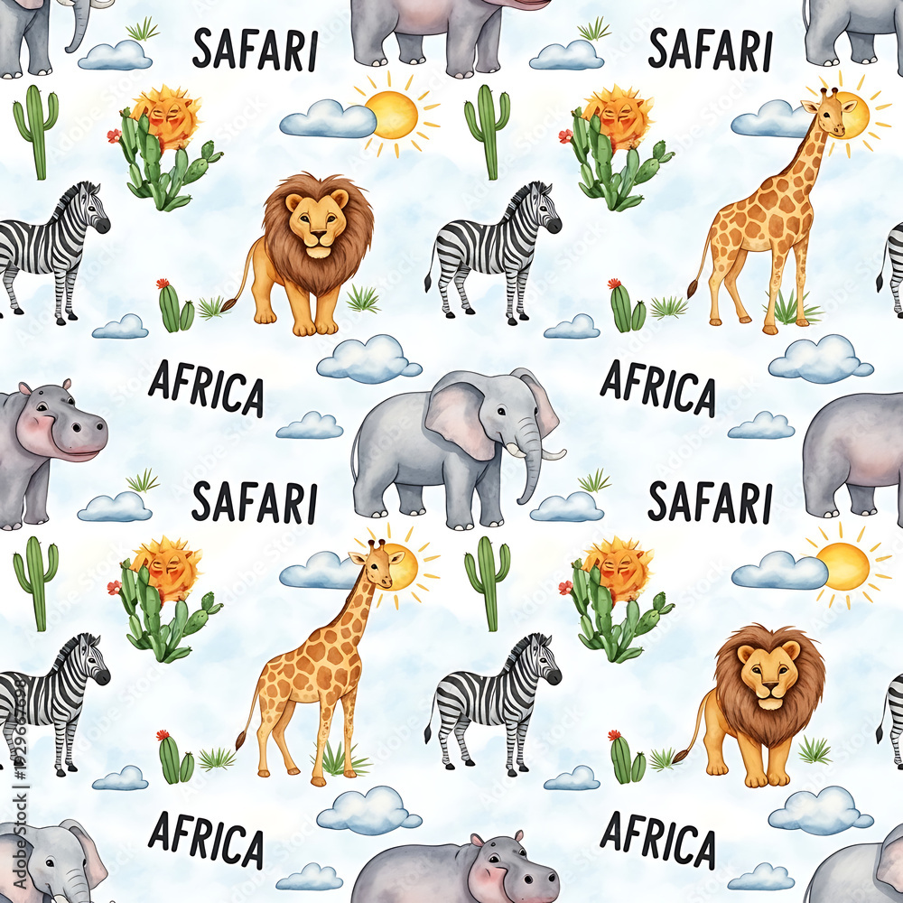 Fototapeta premium Whimsical jungle safari with animals and hot air balloons floating above