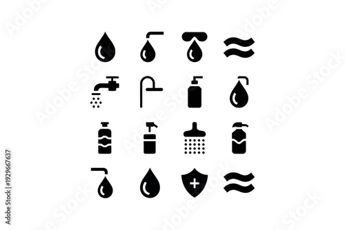 Black and white water icons set with various shapes and symbols for hygiene products