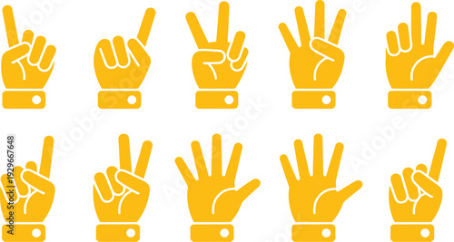 Yellow hand gesture icons set featuring fingers counting from one to five with various palm orientations for communication and educational design