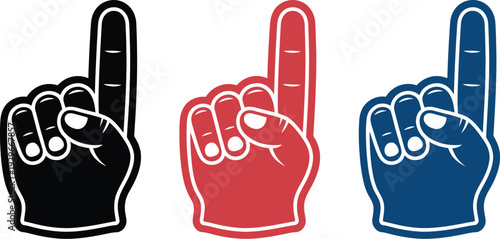 Number one foam finger icons set in black red and blue colors featuring the pointing index finger hand gesture for sports fans and stadium events