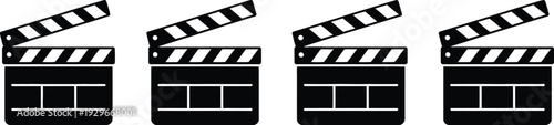 Black movie clapperboard icons set featuring film slate board symbols for cinema production video recording and Hollywood movie industry