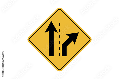 Yellow Road Sign with Arrows Indicating Lane Merge or Split Ahead