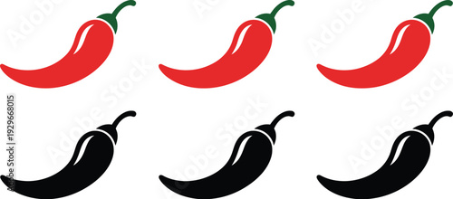 Red and black chili pepper icons set featuring spicy hot pepper silhouettes with stems for restaurant menu and spicy food flavoring design