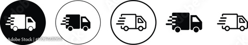 Black and white delivery truck icons set featuring fast shipping symbols with motion lines in solid and outline styles with circular frames