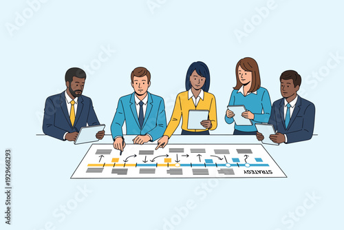 Business Strategy Planning Meeting with Corporate Team and Workflow Roadmap Vector Illustration