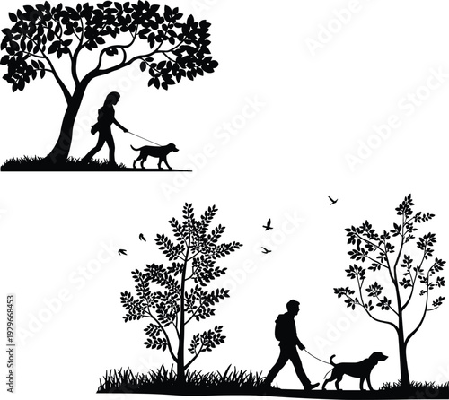 Peaceful nature silhouette scene of people walking dogs under trees with birds flying in sky, outdoor companionship and environment appreciation vector illustration design