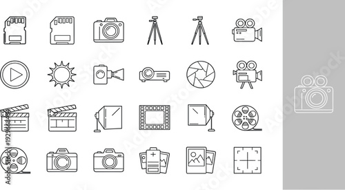 Professional Photography and Video Production Icon Collection Featuring DSLR Cameras Film Reels Studio Lighting and Media Storage