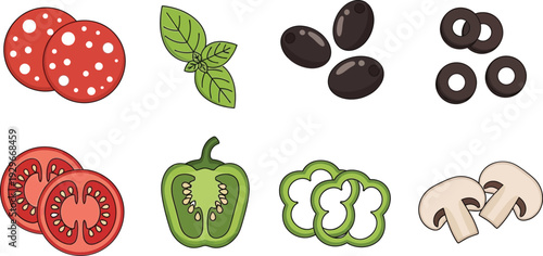 Colorful illustration of various vegetables and herbs for cooking and recipe design including tomatoes basil olives mushrooms peppers on white background