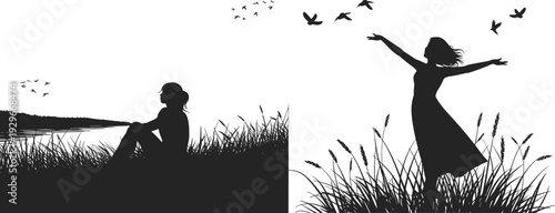 Black and white silhouette illustration of contemplative person sitting near water and joyful figure standing in tall grass with birds flying overhead, nature harmony concept
