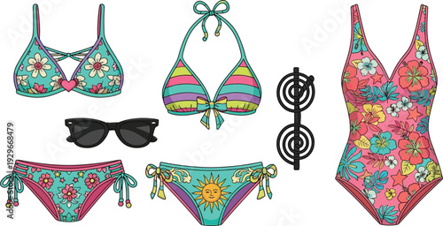 Vibrant floral swimsuits and sunglasses for summer vacation and beach relaxation with colorful bikinis and one piece suits