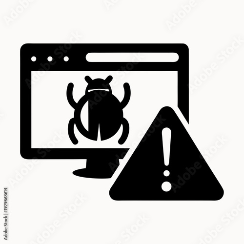 Warning sign with bug on computer screen indicating error
