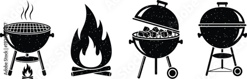 Four barbecue grills and campfire icons in black silhouette on white background for cooking and outdoor concepts