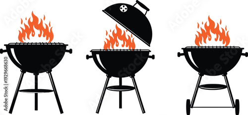 Three black barbecue grills with flames on white background for outdoor cooking and grilling