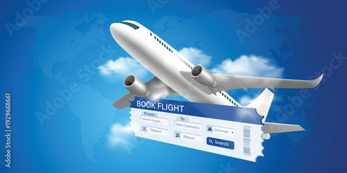 book flight concept with airplane online booking interface,airline ticket reservation search form,digital travel app UI for flight booking,global tourism technology banner with secure payment system