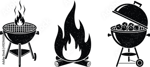 Barbecue grill icons with flames outdoor cooking symbols and fire pit illustrations for summer and food preparation