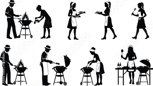 People enjoying outdoor barbecue party with grill and food