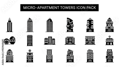 Collection of micro-apartment towers icons in various styles and designs displayed