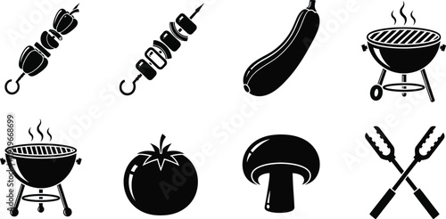 Black and white barbecue icons including grill skewers sausage eggplant tomato mushroom and utensils on white background for cooking and food preparation