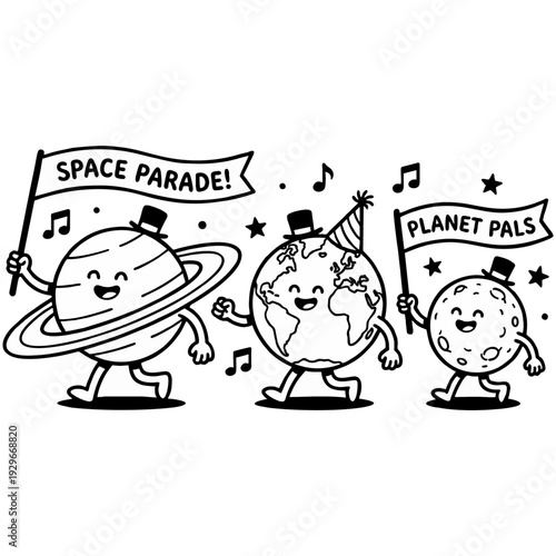 Smiling planets and moon celebrating space parade with banners