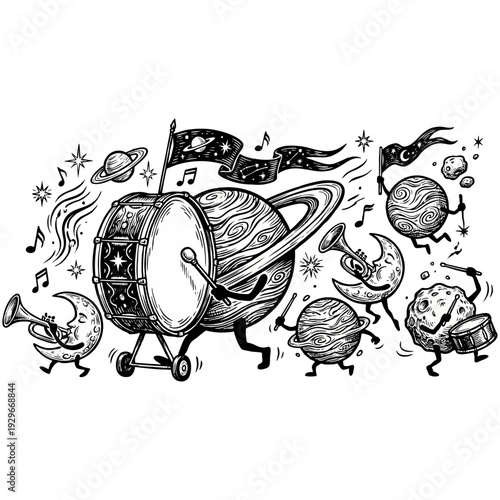 Whimsical celestial bodies playing musical instruments in space