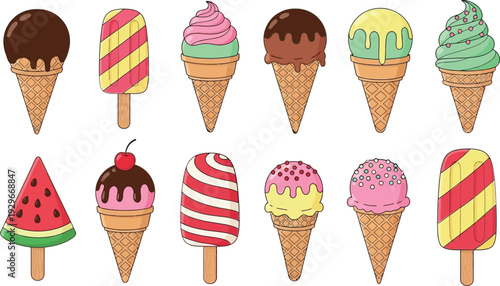 Colorful assortment of ice cream cones and popsicles with various toppings on white background