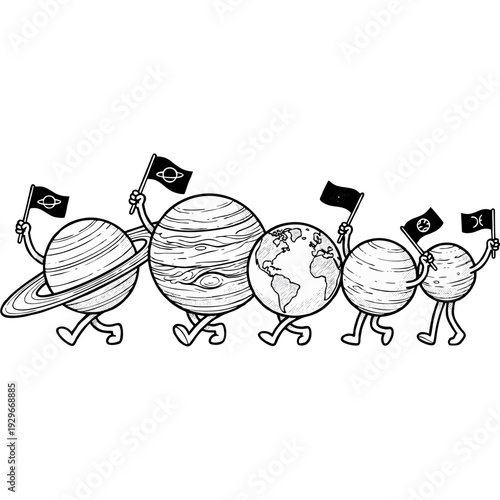 Cartoon planets holding flags in fun celestial procession line