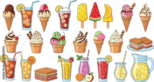 Colorful illustration of various desserts and drinks including ice cream cones sundaes milkshakes sandwiches and fruit juices on a white background