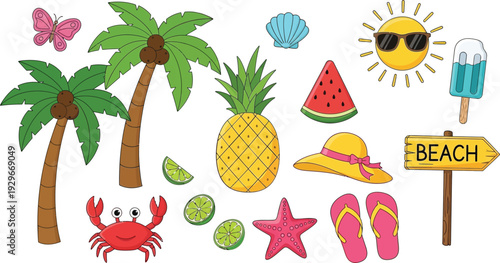Colorful beach icons including palm trees pineapple watermelon and flip flops on white background for summer vacation and travel concepts