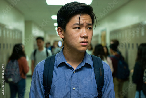 Portrait of Anxious Asian Male Student with Backpack Standing in School Hallway with Lockers
