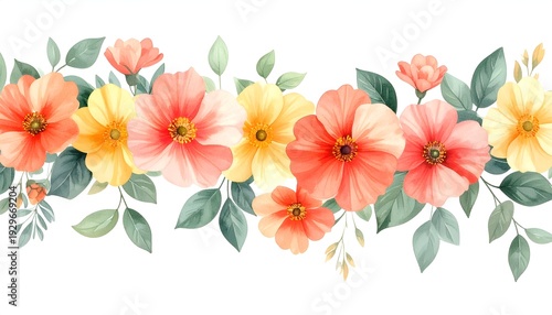 Floral Burst of Colors: A vibrant border of watercolor flowers, each petal meticulously painted in shades of yellow and red, creates a radiant display of floral beauty.