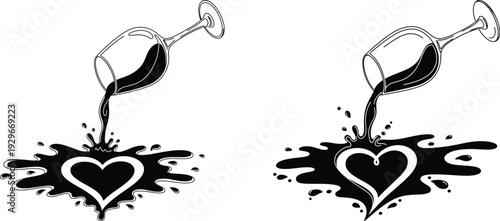 Wine glasses pouring red liquid into heart shapes on white background with black splashes