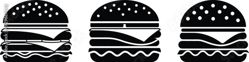 Three black and white hamburger icons with sesame seed buns and various toppings on a white background