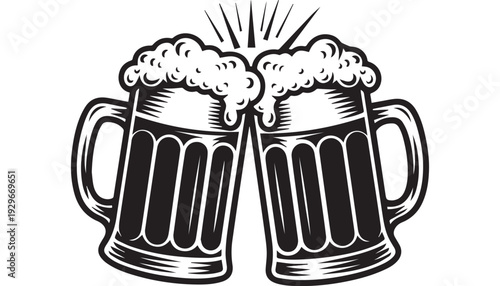 A cheerful toast with two frothy beer mugs clinking together in celebration