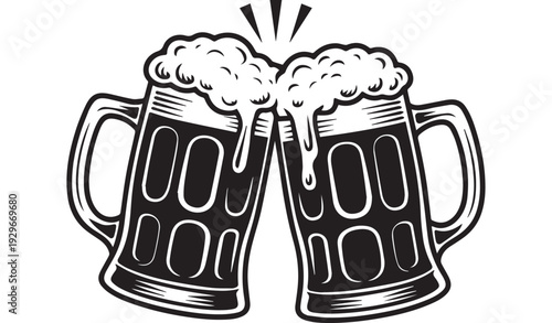 A cheerful toast with two frothy beer mugs clinking together in celebration