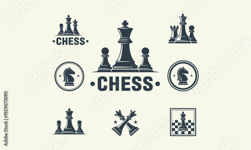 Collection of chess pieces and icons arranged in a graphic composition representing strategy and gameplay