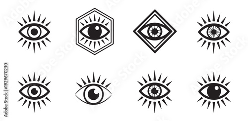 Amulet style eye symbols with sunburst frames for protection and sacred geometry decorations