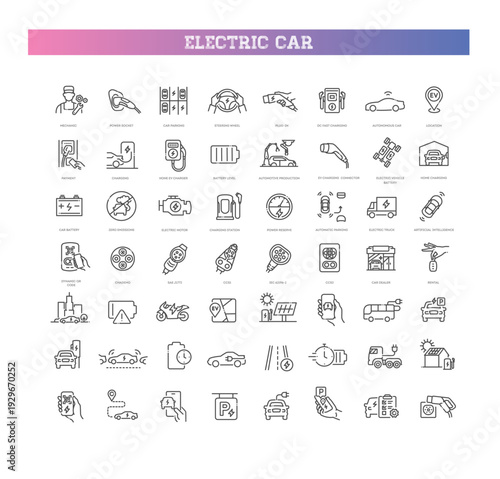 Electric Vehicle Charging Line Icons