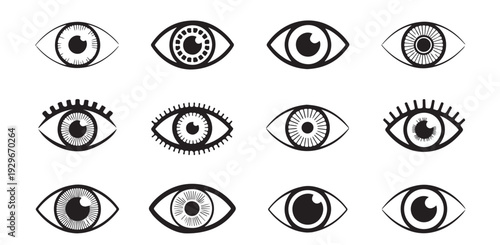 Hand drawn style eye icons featuring realistic and abstract iris patterns for versatile use