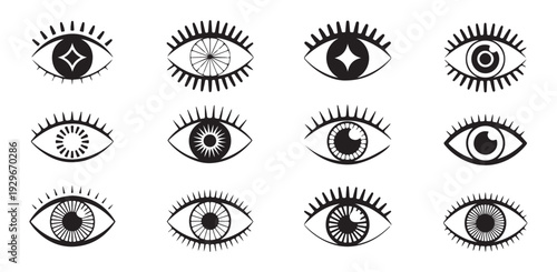 Mystical eye icon set in flat black vector style for spiritual and magic graphic design art
