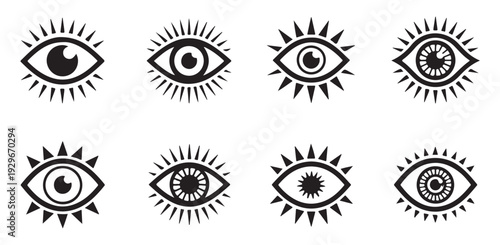 Radiant sun eye collection for spiritual awareness and bohemian style graphic design elements