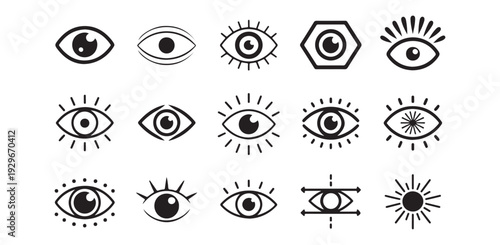 Diverse set of eye icons in various styles, including geometric and radiant designs