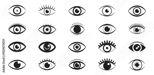 Large collection of abstract eye symbols with varied lash and pupil designs