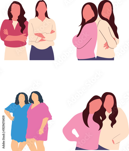 Diverse Women Friendship and Support Flat Vector Illustration Set.