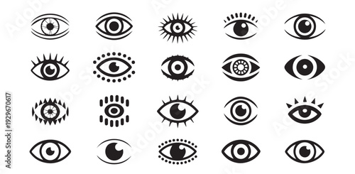 Set of unique eye vector icons with eyelashes and decorative borders for modern design use