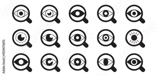 Magnifying glass eye icons for search find and discovery concepts in black vector graphics