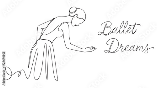 Elegant Ballet Dancer Silhouette with "Ballet Dreams" Text - Single Line Art